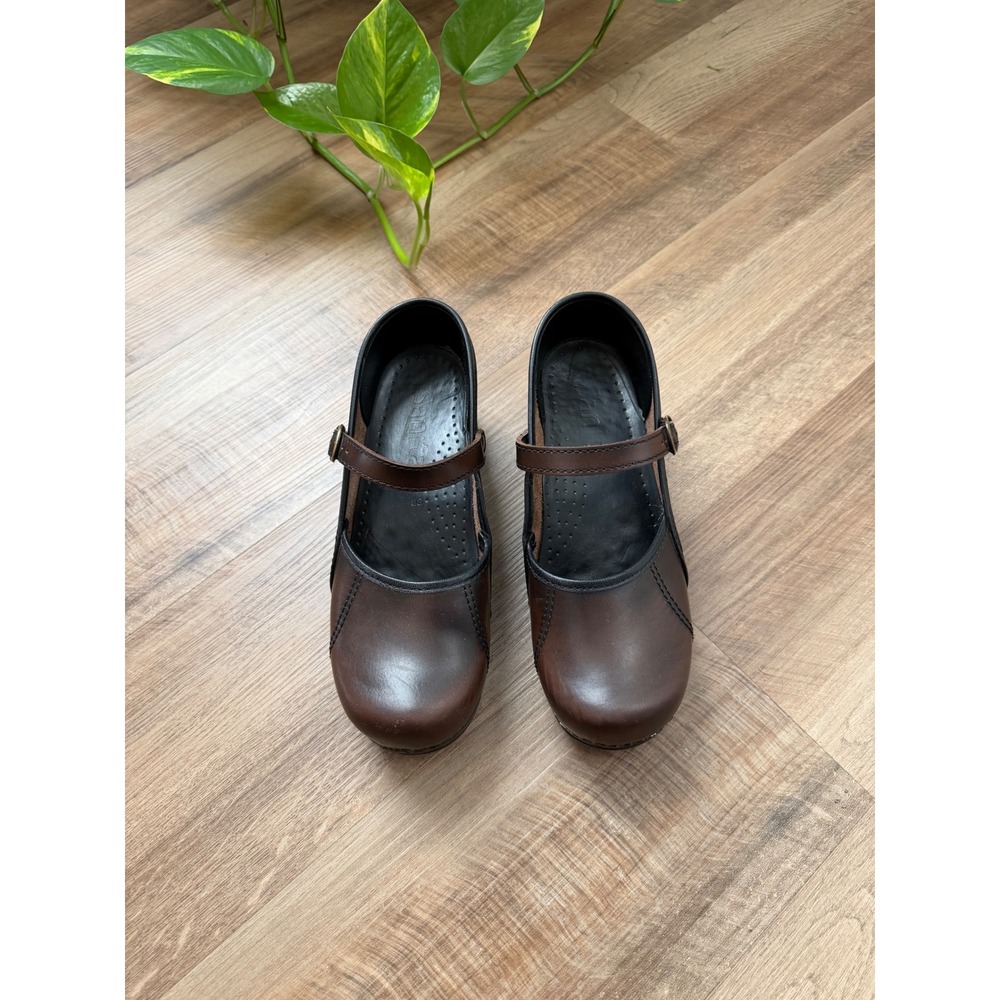 Sanita Brown Leather Mary Jane Clogs